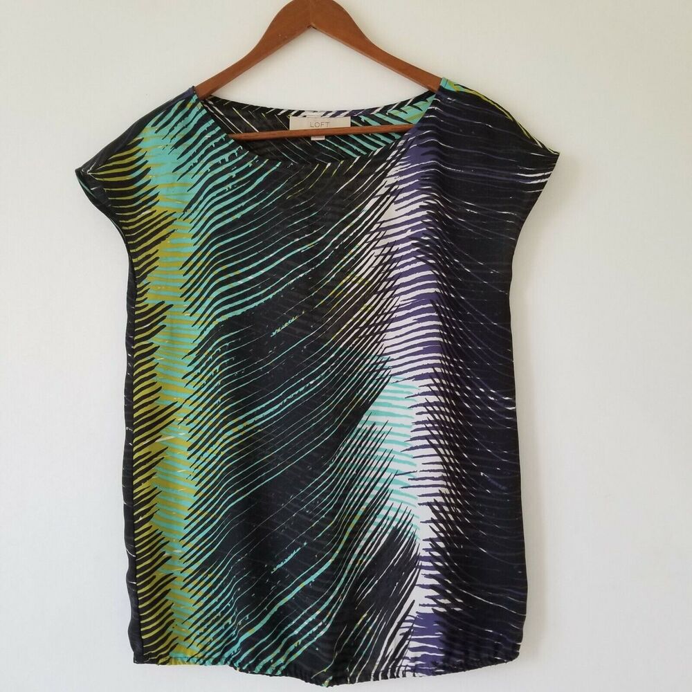 Ann Taylor LOFT Blouse Blue Green Palm Print - Size XS